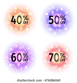 Discount banners on abstract round powder clouds set with dust particles isolated on white background. 40, 50, 60, 70 percent off above colorful circles with glow and bokeh effect. Vector illustration