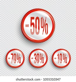 Discount banners on transparent background.. -70% -50% -30% -10% off icons.