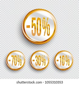 Discount banners on transparent background.. -70% -50% -30% -10% off icons.