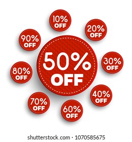Discount banners. Vector illustration.  -10% -20% -30% -40% -50% -60% -70% -80% -90% off icons.