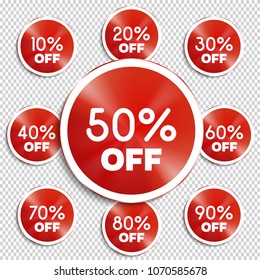 Discount banners. Vector illustration.  -10% -20% -30% -40% -50% -60% -70% -80% -90% off icons.