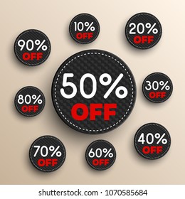 Discount banners. Vector illustration.  -10% -20% -30% -40% -50% -60% -70% -80% -90% off icons.