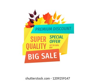 Discount and big sale emblem with autumn leaves. Special offer for fall season promo logo, signs beside nature element, vector illustration isolated.