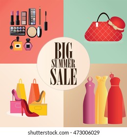 Discount big summer sale set with clothes, bag,shoes and Makeup, shopping design concept flat icons vector illustration.