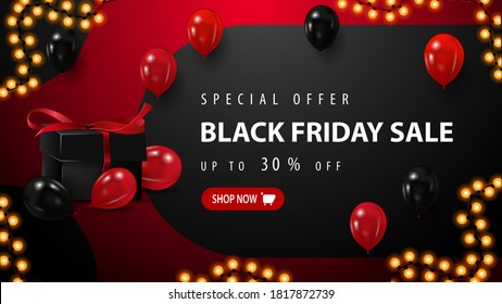 Descuento Viernes Negro Venta Banner moderno de descuento rojo y negro con botón, globos rojos y negros y caja de regalo.