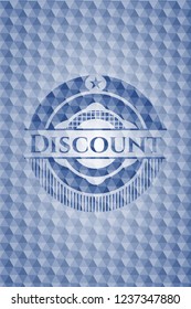 Discount blue badge with geometric background.