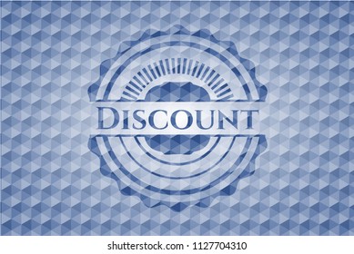 Discount blue emblem with geometric background.