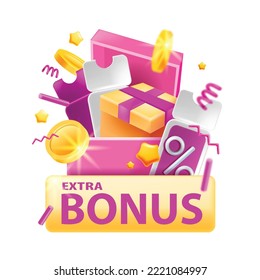 Discount bonus banner, open present box, gold lucky voucher, vector promotion loyalty program gift. Winner present, reward sale badge, special offer coupon, dollar coin. Bonus coupon clipart on white