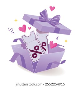 Cupones de bonificación de descuento en una caja de regalo violeta con corazones y confeti. Voucher de San Valentín con porcentaje y código de barras concepto de campaña de venta en línea. Elemento de diseño para la venta de compras de Festiva.