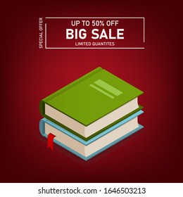 Discount in the book store. Two books and a discount. Vector banner for an online book store. Banner with a discount.