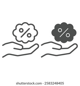 Discount bubble on hand line and solid icon, shopping prize concept. Vector graphics. Money price savings sign on white background, outline style icon for mobile or web design