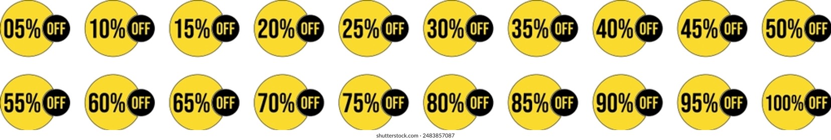 Paquete de descuento, Conjunto de descuento, 5% a 100% de descuento, Diferente porcentaje de descuento conjunto de Precio, Conjunto de Ilustración vectorial de etiqueta, etiqueta de descuento de compras insignia