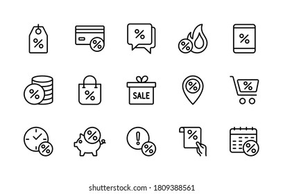 Discount business sales, vector linear icons set. Sale management. Coupon, percent ribbon, discount code, online buying, surprise present  and more. Isolated collection of discount for web sites.