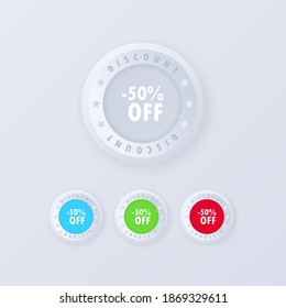 Icono del botón de descuento en estilo 3d. 50% fuera de etiqueta. Etiqueta de precio de oferta de descuento. Plantilla de distintivos de etiquetas de venta. Promoción de descuento.