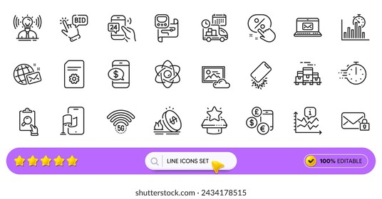 Discount button, Phone payment and Photo cloud line icons for web app. Pack of Bid offer, Inspect, Boxes pallet pictogram icons. Delivery, E-mail, Secure mail signs. Report timer. Search bar. Vector