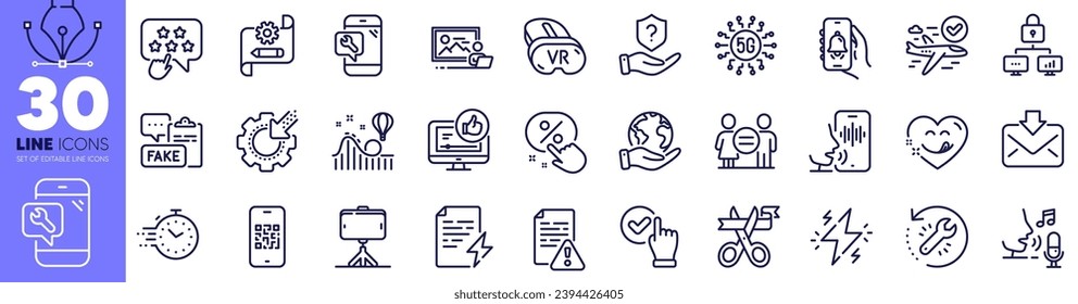 Discount button, Photo studio and Fake document line icons pack. Roller coaster, Phone repair, Bell alert web icon. Incoming mail, Power certificate, Like video pictogram. Selfie stick. Vector