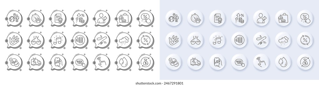 Discount button, Statistics and Music app line icons. White pin 3d buttons, chat bubbles icons. Pack of Oil drop, Cursor, Fast food icon. Social responsibility, Outsource work, Smile pictogram. Vector