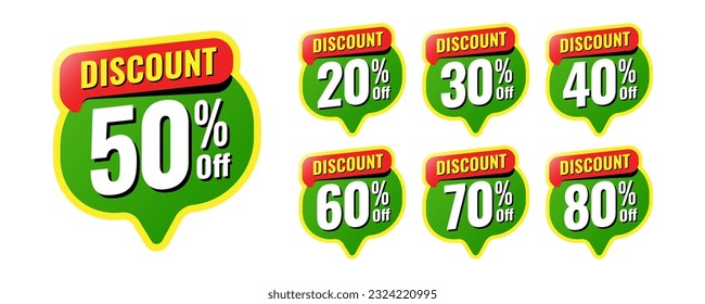 Discount buy now label pop-up banner green stickers with different sale percentage. 20, 30, 40, 50, 60, 70, 80 percent off price reduction badge promotion design emblem set vector illustration.