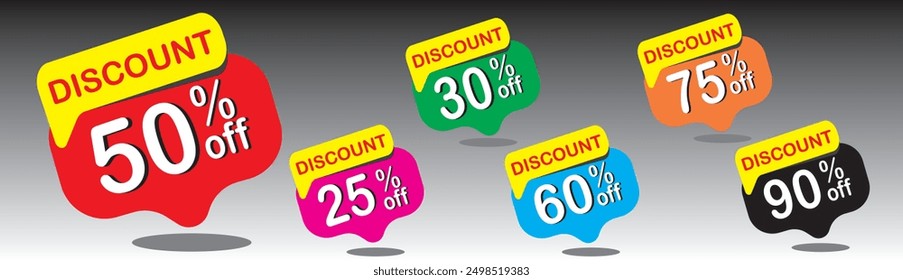 Discount buy now label pop-up banner  with different sale percentage. 25, 30, 60, 50, 75,  90 percent off price reduction badge promotion