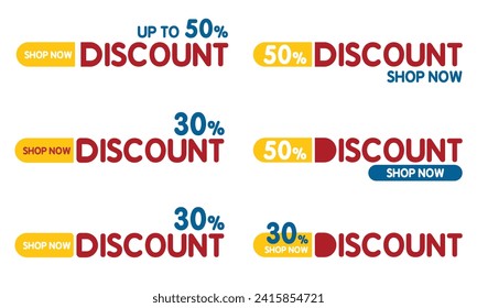 Discount call to action. Discount and shop now buttons. Promotion badges. 50% off button. Shop Now button collection.