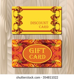 Discount card, big sale, gift certificate or voucher, coupon template with peacock feathers. Holiday background mock for banner or ticket. Golden, yellow, brown and red design. Vector illustration.