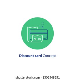 Tarjeta de descuento, pago con tarjeta de crédito, icono de línea de Vector