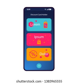 Discount card holder smartphone interface vector template. Mobile app page blue design layout. Electronic wallet screen. Flat UI for application. Shopping, sale, rewards cards. Phone display