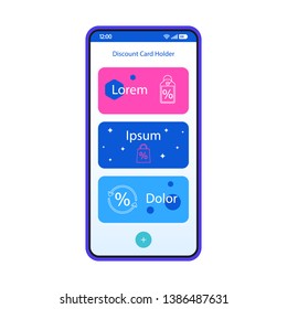 Discount card holder smartphone interface vector template. Mobile app page blue design layout. Electronic wallet screen. Flat UI for application. Shopping, sale, rewards cards. Phone display