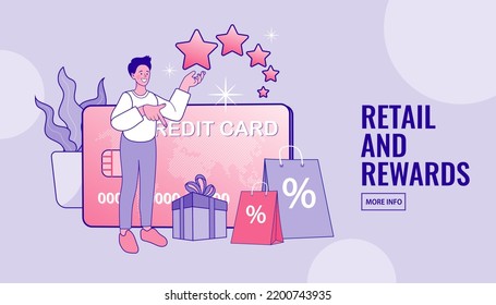 Discount card with percent sign and man with discount tag. retail and rewards card. loyalty program and customer service. gift box and users. Online card payment and plastic money. Vector outline.