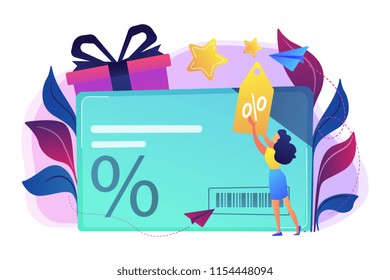 Discount card with percent sign and woman with discount tag. Loyalty program and customer service, retail and rewards card, loyalty points card concept, violet palette. Vector isolated illustration.