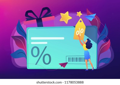 Discount card with percent sign and woman with discount tag. Loyalty program and customer service, retail and rewards card, loyalty points card concept, violet palette. Vector isolated illustration.