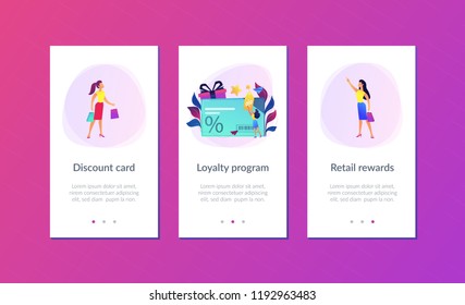 Discount card with percent sign and woman with discount tag. Loyalty program and customer service, retail and rewards card, loyalty points card concept, violet palette. UI UX GUI app interface