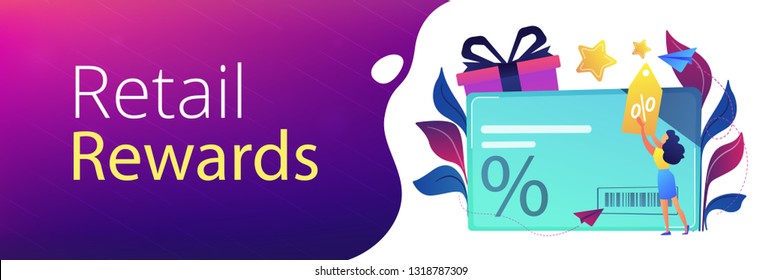 Discount card with percent sign and woman with discount tag. Loyalty program and customer service, retail and rewards card, loyalty points card concept, violet palette. Header, footer banner template.