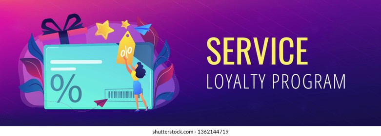 Discount Card With Percent Sign And Woman With Discount Tag. Loyalty Program And Customer Service, Retail And Rewards Card, Loyalty Points Card Concept, Violet Palette. Header, Footer Banner Template.