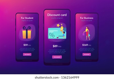 Discount Card With Percent Sign And Woman With Discount Tag. Loyalty Program And Customer Service, Retail And Rewards Card, Loyalty Points Card Concept, Violet Palette. UI UX GUI App Interface