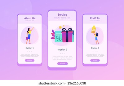 Discount card with percent sign and woman with discount tag. Loyalty program and customer service, retail and rewards card, loyalty points card concept, violet palette. UI UX GUI app interface