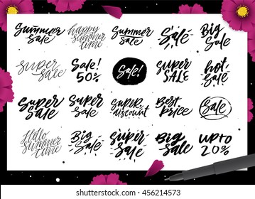 Discount card set of Hot, Super, Big, Summer Sale, Super Discount, etc. Hand drawn collection of labels and logos. Vector set of hand drawn calligraphy inscriptions.