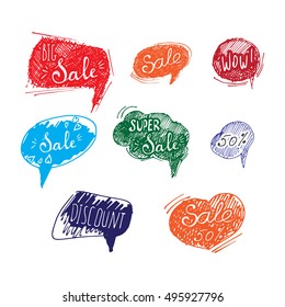 Discount card set of Sale. Hand drawn collection of labels and logos. Vector set of comic speech bubbles stickers.