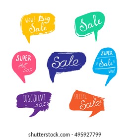 Discount card set of Sale. Hand drawn collection of labels and logos. Vector set of comic speech bubbles stickers.