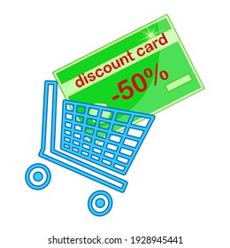 Discount card in shopping cart isolated on white. Shopping basket. Shopping trolley and credit card. Grocery or other goods home delivery and online sale app sign. Loyalty program. Vector illustration