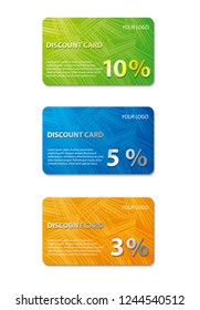 Discount card template. Design in three colors of different discound amount.