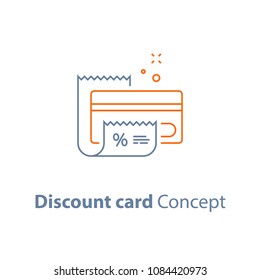 Discount card, till slip, loyalty program, credit card payment, vector line icon