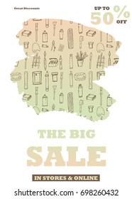 Discount card. Tools for drawing. Doodles. Advertising. Banner design.
