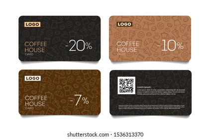 Discount card or voucher for coffee house with line pattern of coffee beans, cups and breakfast food