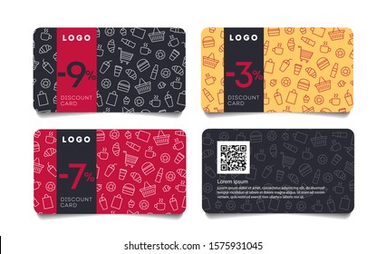 Discount card or voucher, fast food template layout with linear pattern of food and drinks and logo and percent number