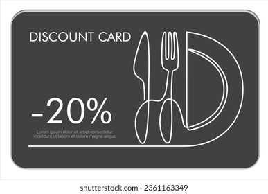 Discount card or voucher fast food restaurant or delivery service, template design with one continuous linear food and drinks composition