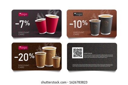 Discount card or voucher template design for cafe with coffee cups illustrations