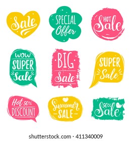 Discount cards set of Special Offer, Hot, Super, Big, Summer Sale etc. Hand drawn collection of labels and logos. Vector set of comic speech bubbles stickers. 