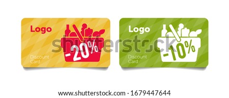 Discount cards templates, for grocery store, advertisement, basket filled with food and beverages icon, loyalty program club, simple flat graphic