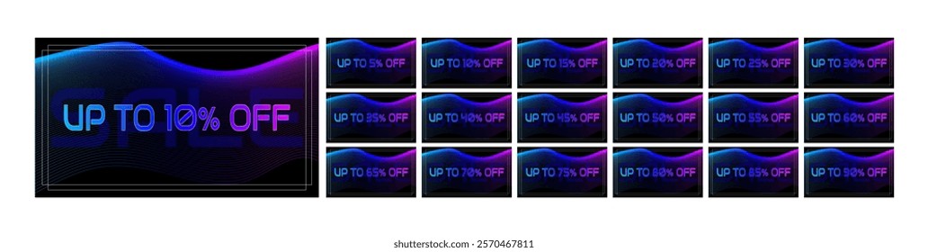 Discount cards with waves and the word sale in the background, blue and purple gradient, thin lines, overlapping edges, black background. From 5% to 90% off.
